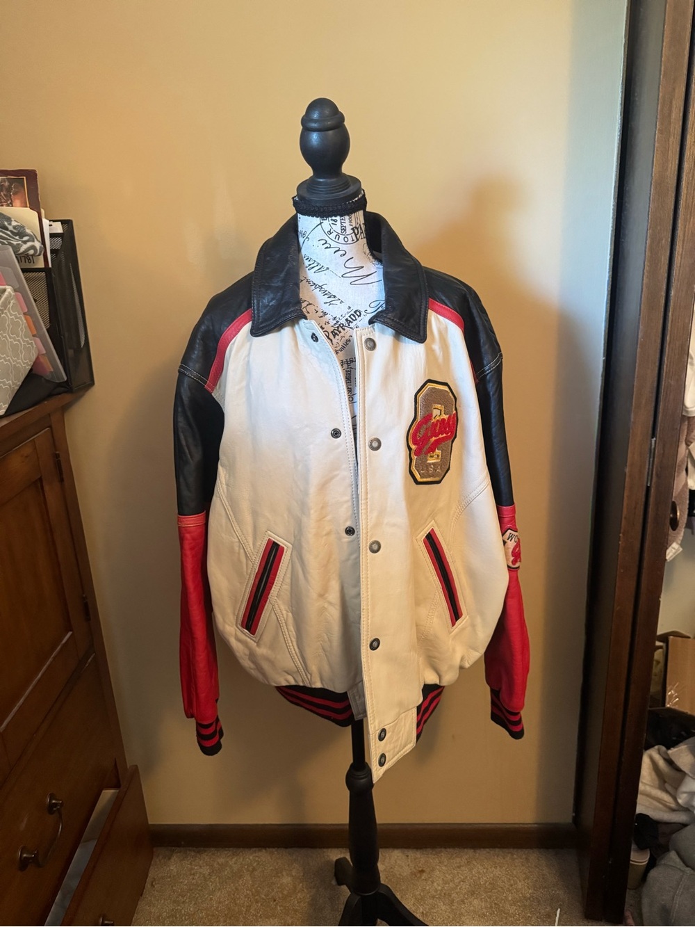 White, Black & Red Leather Varsity Jacket